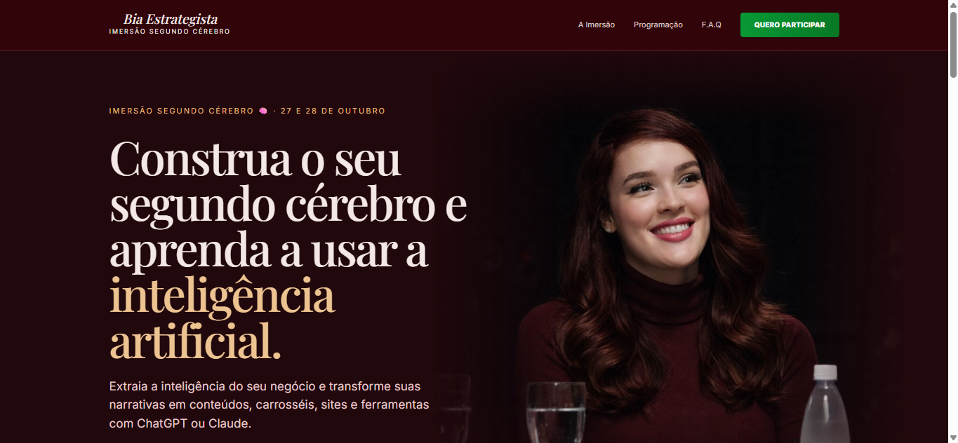 Página da Imersão Segundo Cérebro, com o título do evento e uma foto da Bia.